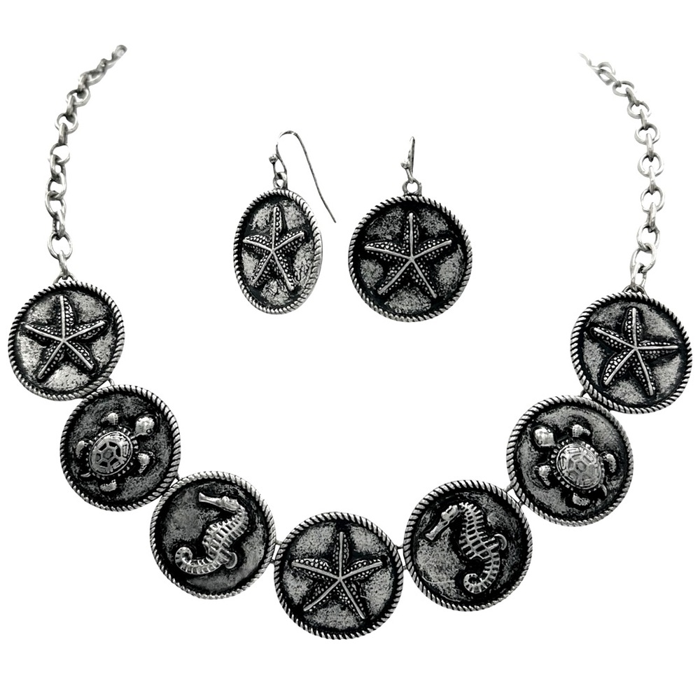 Sea Life Coin Style Beach Theme Silver Tone Necklace Earrings Set